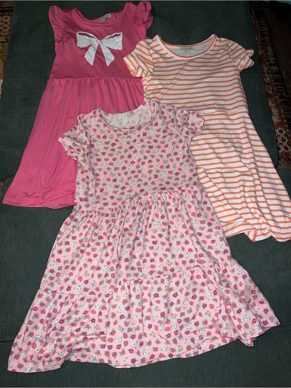btween Pink Floral & Solid Pink Casual Dress Bundle with Orange-Striped Dress